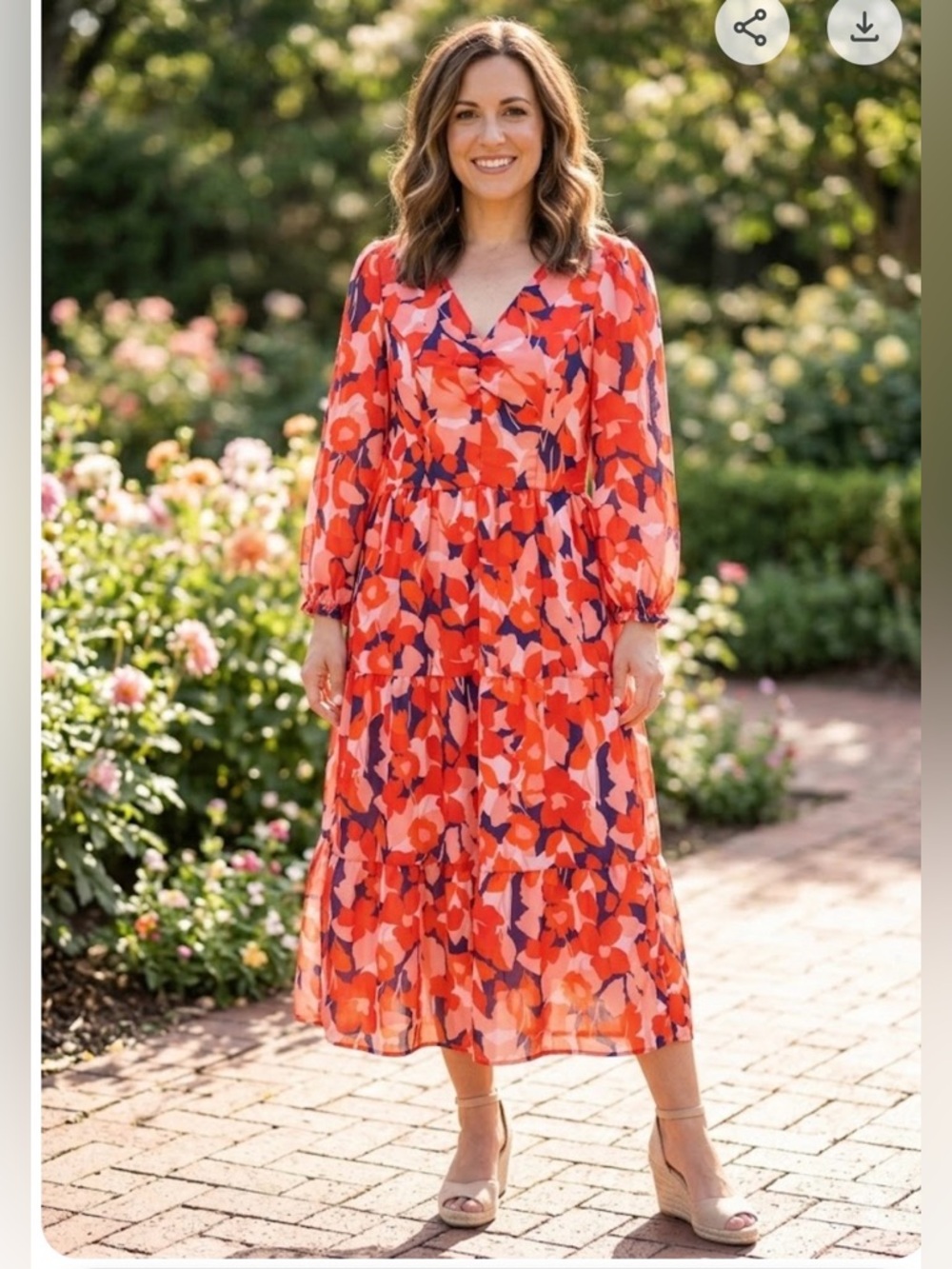 Sincerely Jules Orange and Navy Floral V-Neck Tiered Midi Dress